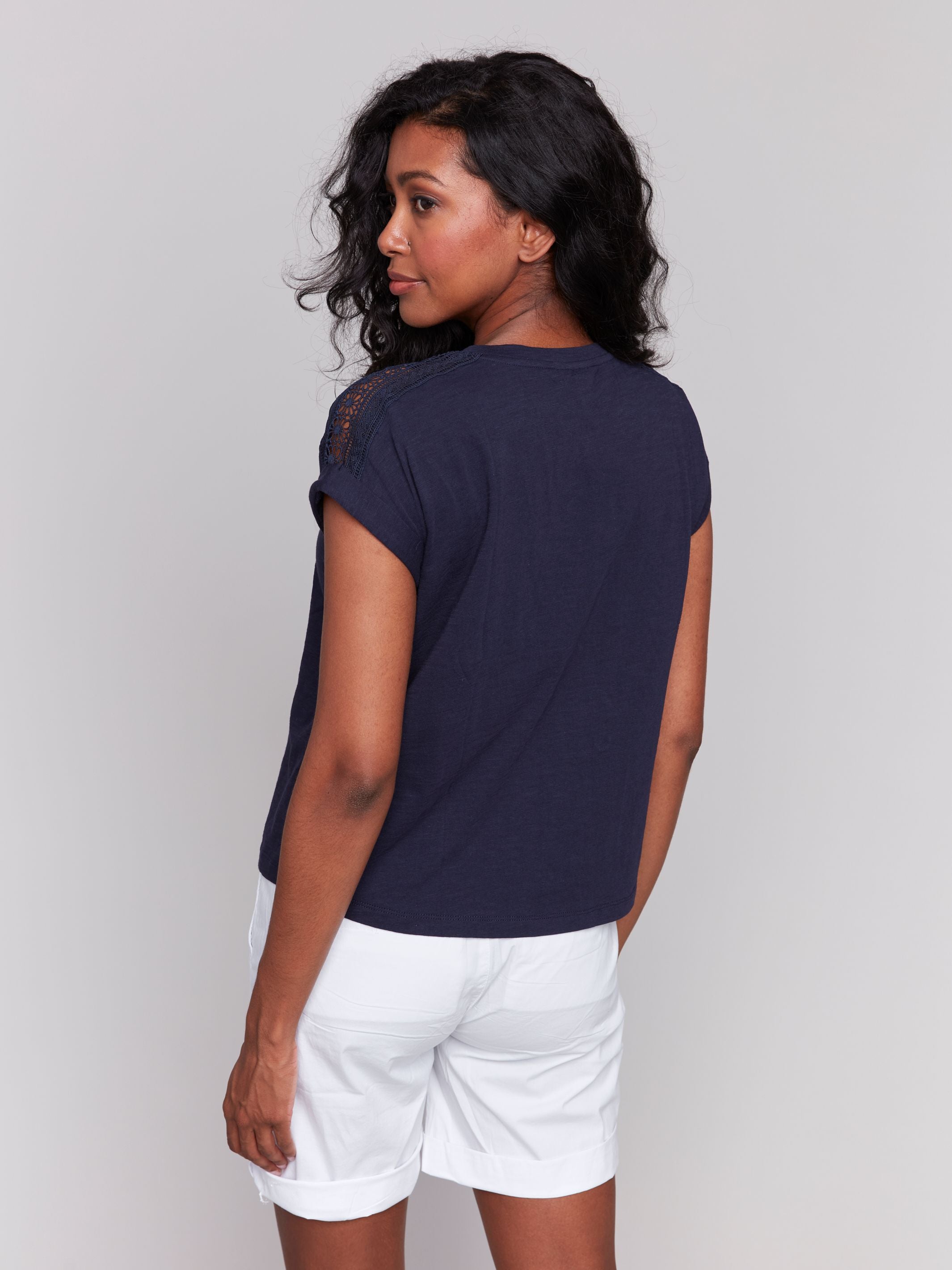 Drop Shoulder Tee with Lace Shoulder Trim CHARLIE B