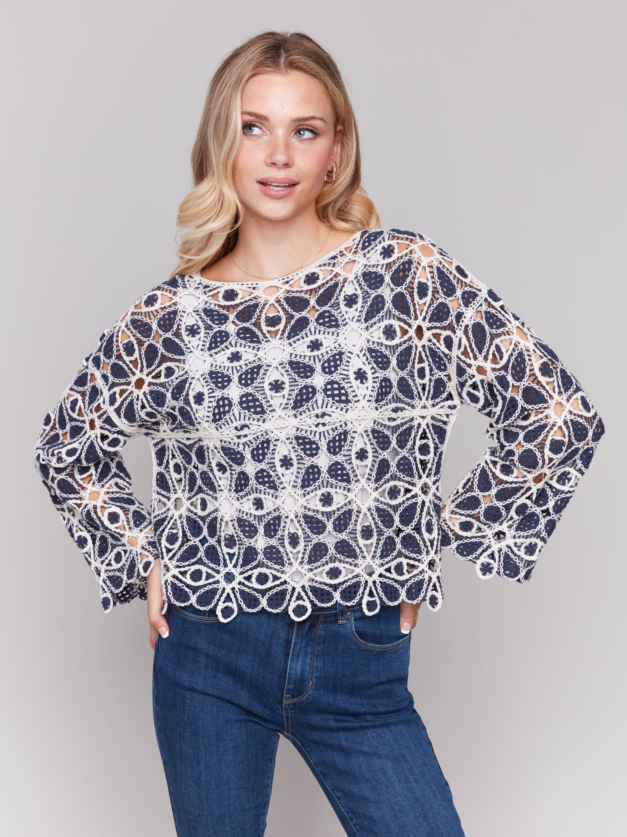 3/4 Sleeve Crochet Top CHARLIE B