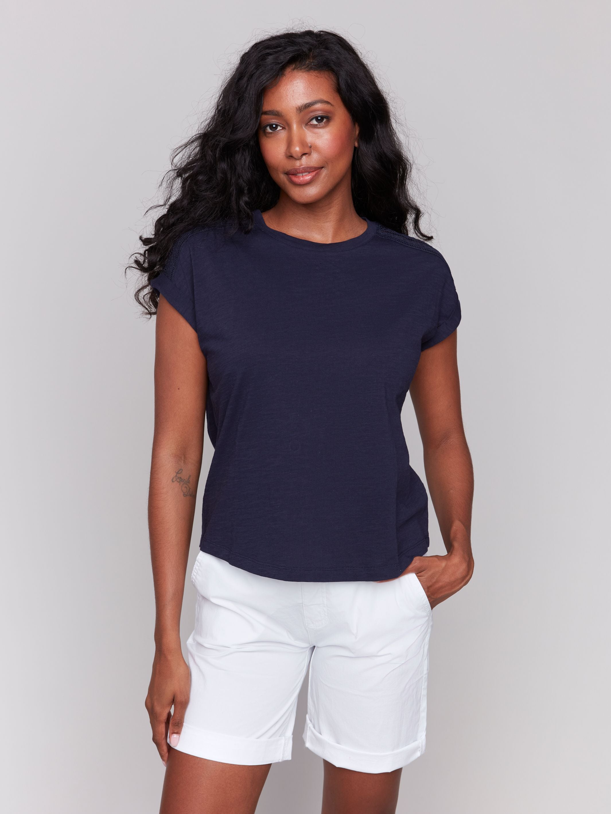 Drop Shoulder Tee with Lace Shoulder Trim CHARLIE B