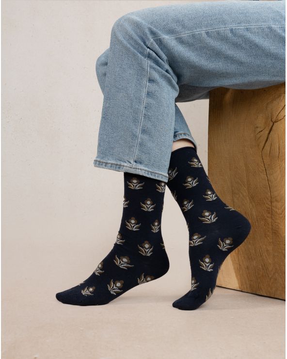 Chaussette Laine Fine FLEURS BLEU FORÊT