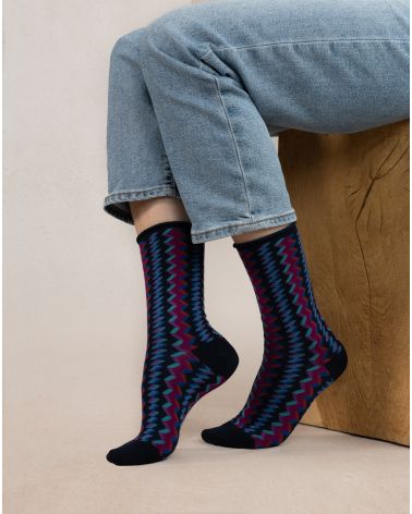 Chaussette Coton VELOUTÉE ZIGZAG BLEU FORÊT